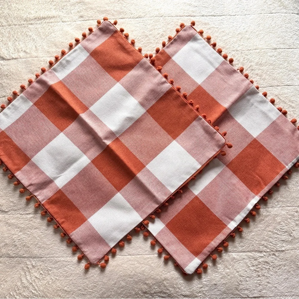 Fall Pillow Covers - Set of 2 Buffalo Orange and White Plaid, Pumpkin, Pom Poms